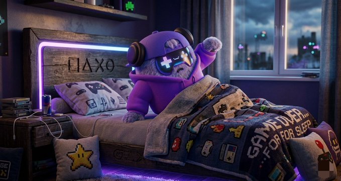 The image features a cartoon character wearing a purple shirt with a pair of headphones sitting on an unmade bed. The character appears to be playing video games while wearing a robe. In the background, there are several books scattered around the room, suggesting that this is likely a bedroom or personal space where someone spends time gaming and reading.