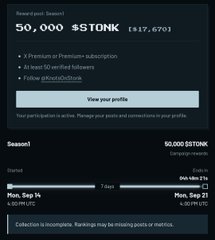 The image displays a dashboard showing a holding of 50,000 $STONK (worth approximately $817,670) as part of the RewardPool Season1 campaign, with a distribution timeline indicating payouts began on Sep 14 and end Sep 21 at 6:00 PM UTC. The interface highlights a Premium/Premium+ subscription and 50,000 $STONK as the allocation earned, directly illustrating the automatic $STONK reward claim referenced in the post about $KNOTS holders earning $STONK payouts.