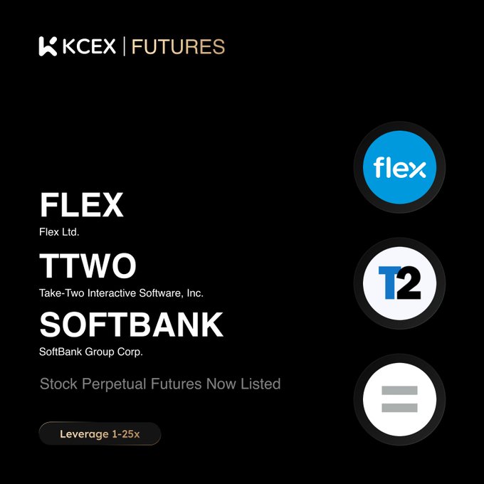 A KCEX FUTURES announcement listing new Stock Perpetual Futures: FLEX (Flex Ltd.), TTWO (Take-Two Interactive Software), and SOFTBANK with Leverage 1-25x.