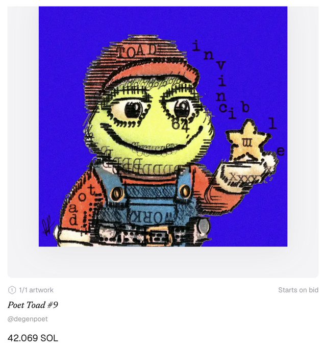 Digital artwork titled 'Poet Toad #9' by @degenpoet showing a green frog-like character in a red cap and overalls holding a gold star, listed at 42.069 SOL in a 1/1 auction starting on bid.
