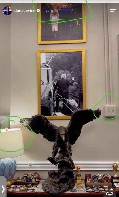 The Instagram post by "danscavino" features a striking dark phoenix sculpture with outstretched wings displayed in front of framed photographs and decorative coins, with several light switches circled in green on the wall. The caption aligns with the visual symbolism of the phoenix rising and the highlighted switches being turned on, conveying an optimistic "LFG XRP" message of growth and momentum.