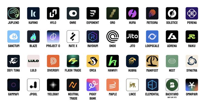A grid displaying 40 cryptocurrency project logos with their names, including JupLend, Kamino, Hylo, Onre, Exponent, Oro, Humla, Meteora, Solstice, Perena, Sanctum, Blaze, Project O, RateX, Raydium, Ondo, Jito, LoopScale, Adrena, Raiku, DeFi Tuna, Lulo, Diversifi, Flash Trade, Orca, Hawkfi, Hubra, Manifest, Nest, Synatra, Gainmagi, Jpool, Yieldbay, Neutral Trade, Piggy Bank, Maple, Lince, Elemental, Backyard, and OmniPair, representing various Solana DeFi projects where users can earn yield.