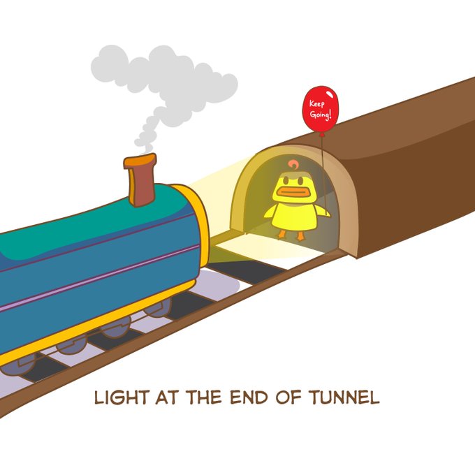 A cartoon illustration of a train entering a tunnel where a yellow duck character holding a "keep going!" balloon waits, with the text "LIGHT AT THE END OF TUNNEL" at the bottom.