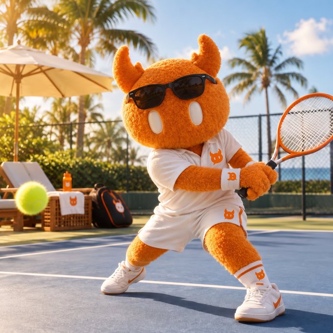 A 3D-rendered orange mascot character wearing sunglasses and white tennis attire, mid-swing with a racket on a court with a tropical beach and palm trees in the background.