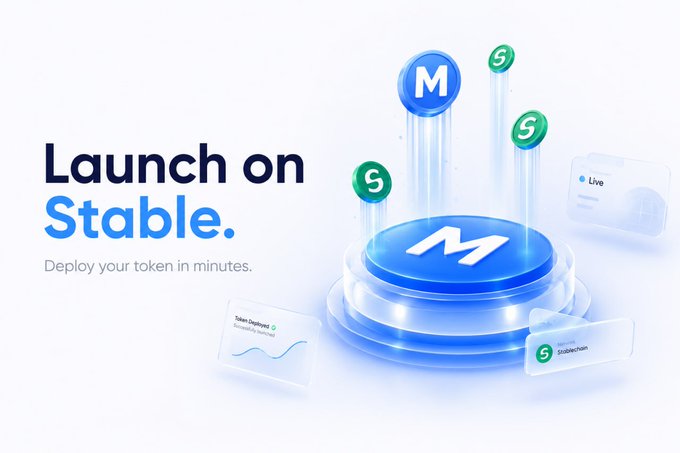 A promotional graphic featuring the text "Launch on Stable. Deploy your token in minutes." alongside a 3D illustration of blue and green tokens marked with "M" and "S" symbols rising from a glowing pedestal, with floating dashboard panels showing "Live" status and "Stablechain."

The image visually represents the accompanying post's announcement of mintd.fun's trustless launchpad for deploying Stable coins, with the blue "M" tokens symbolizing the platform's brand and the green "S" tokens representing the $Stable ecosystem being promoted.