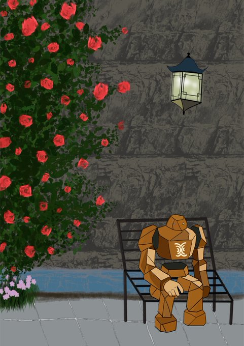 A digital illustration shows a bronze-colored, blocky robot with a symbol on its chest sitting on a black metal bench beside a vibrant bush of red roses, with a glowing lantern hanging on a stone wall above.