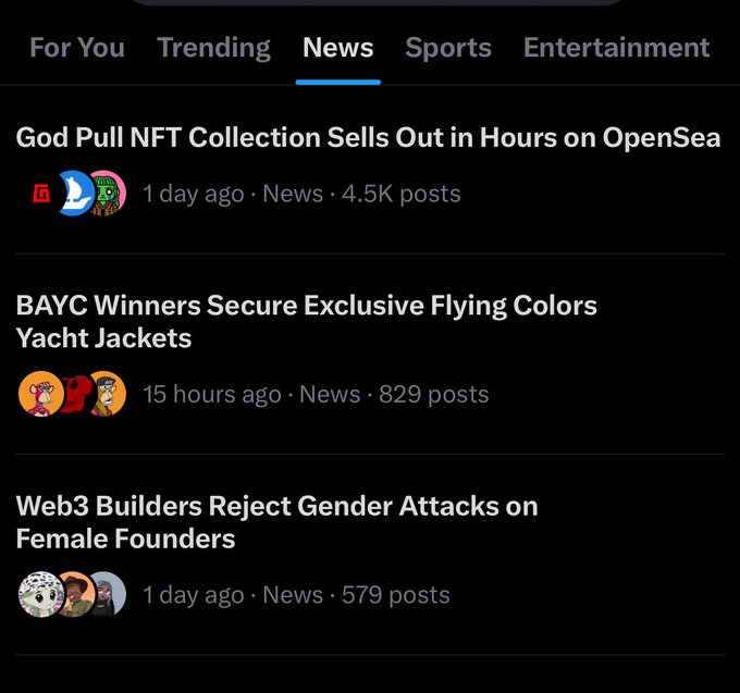 A news feed displaying headlines such as 'God Pull NFT Collection Sells Out in Hours on OpenSea' and 'BAYC Winners Secure Exclusive Flying Colors Yacht Jackets.'