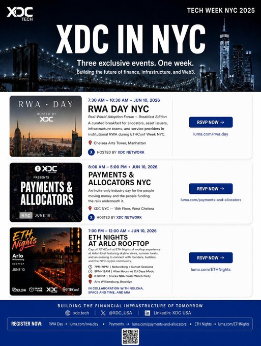 The image features a poster for an event called "NYC Tech Week" that took place in New York City from August 20-28, 2020. The poster includes three different sections of information about the event, including details such as the date, time, location, and what it is focused on (allocations, payments & allocators). There are also some logos present on the poster, one for "RWA Day NYC" and another for "NYC Tech Week".