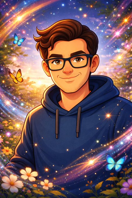 A stylized animated portrait of a smiling young man with glasses and a blue hoodie, surrounded by a magical swirl of glowing stars, butterflies, and colorful flowers. The dreamy, uplifting aesthetic complements the post's optimistic message about staying motivated and building thoughtfully with @NomismaNetwork's AI-driven Web3 infrastructure.