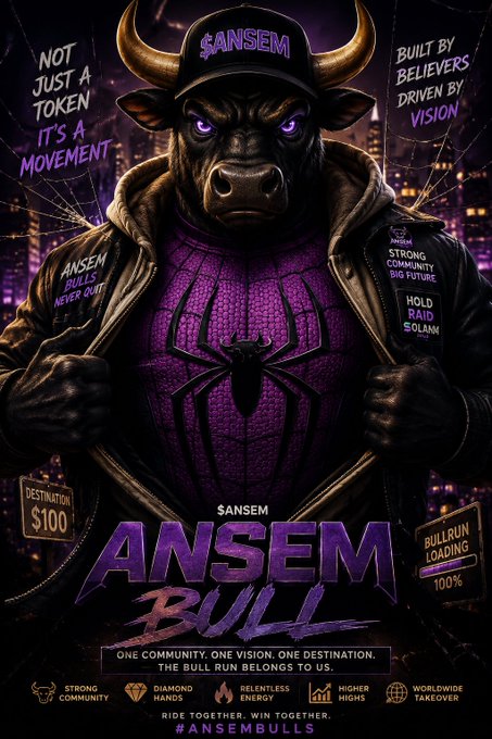 A promotional poster for '$ANSEM BULL' featuring a fierce purple and black bull wearing a cap that says '$ANSEM', with text including 'NOT JUST A TOKEN IT'S A MOVEMENT', 'BUILT BY BELIEVERS DRIVEN BY VISION', and the hashtag '#ANSEMBULLS'.
