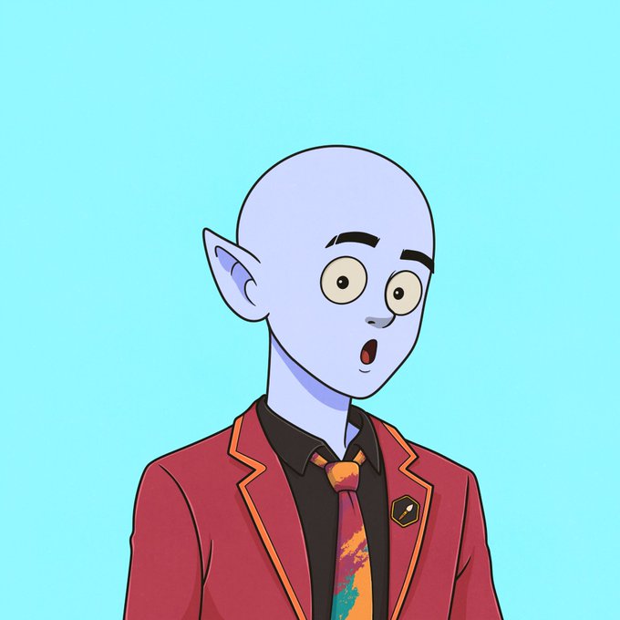 A cartoon-style digital illustration of a surprised-looking blue-skinned humanoid character with pointed ears, wearing a maroon school uniform jacket with a colorful tie against a teal background.