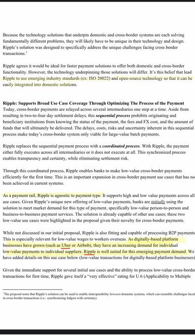 A document highlights Ripple's suitability for cross-border and digital platform payments, noting its support for various payment rails including low-value and B2B transactions for workers overseas on platforms like Uber and Airbnb, with CEO Brad Garlinghaus calling it a "very effective" solution.