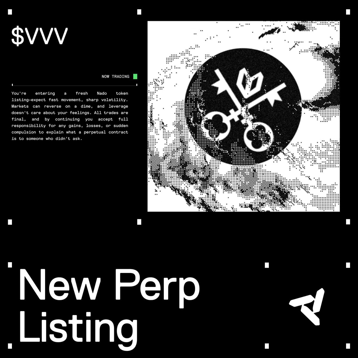 The image features a black and white poster for a new listing service called "New Perp Listing". The poster includes a logo of a key with two arrows pointing towards each other, symbolizing the concept of "new" and "perp", which are related to the services offered by the platform. The text on the poster reads "VVV is now live on Nado with up to 3x leverage. @AskVenice has been gaining popularity as a private, censorship-resistant AI platform." This information suggests that the platform is focused on providing users with access to valuable content and insights from Ask Venice, which is an AI-powered search engine for knowledge sharing.