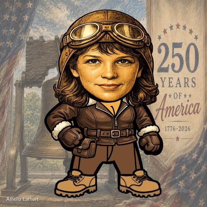 A cartoon illustration of Amelia Earhart wearing aviator goggles, a bomber jacket, and goggles, with a bell, American flag, and text reading "250 Years of America 1776-2026" in the background. The image serves as a 1-of-1 profile picture from the HineyCoin "1776 collection," celebrating American history with an iconic historical figure ahead of its mint on LaunMyNFT.