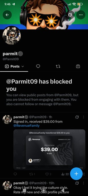 A screenshot of an X/Twitter profile showing that @Parmit09 has blocked the viewer, with a visible post about receiving $39.00 from @RevenueFamily and another post about trying the cyber style for a profile picture.