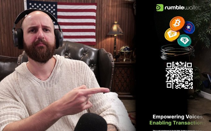 A man in headphones points to a QR code for Rumble Wallet, offering a $20 bonus with promo code "Tectone20" for new sign-ups. The image displays various cryptocurrency symbols implying this is an advertisement for Rumble Wallet's transaction services.