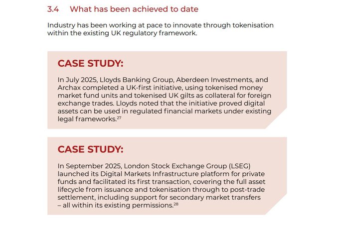 A document page titled '3.4 What has been achieved to date' describing UK tokenization efforts, featuring two case studies: one about Lloyds Banking Group, Aberdeen Investments, and Archax using tokenized money market units and UK gilts in July 2025, and another about London Stock Exchange Group (LSEG) launching its Digital Markets Infrastructure platform in September 2025.