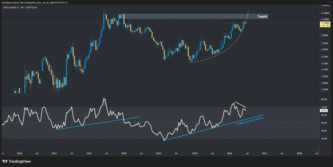 The image features a price chart for stablecoins, with Bitcoin at $USDT.D and another stablecoin labeled as "stable" positioned above its counterpart, which shows a strong bearish divergence from the "stable" coin. This indicates that the "stable" coin is outperforming Bitcoin in terms of price movements during this period. The post explains that this dominance might be attributed to the relative strength of the "stable" coin's performance compared to Bitcoin and a weak candle on another coin. It also suggests that a trade signal could result from these price differences, potentially signaling that the cryptocurrency being traded is outperforming Bitcoin at this time.