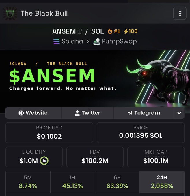 A cryptocurrency trading dashboard displays "The Black Bull" featuring the $ANSEM token on Solana/PumpSwap, showing a price of $0.1002, FDV of $100.2M, and a remarkable 2,058% gain over 24 hours. The screenshot visually supports the post's claim of going from "0 to 100m in 24 hours," highlighting the explosive market cap growth and dramatic price surge achieved by the ANSEM token.