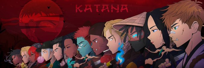 A lineup of stylized anime-inspired characters in profile faces right against a red backdrop featuring a masked warrior and the text "KATANA." The artwork visually represents the Katana NFT collaboration referenced in the post, highlighting the diverse cast of characters associated with the project.