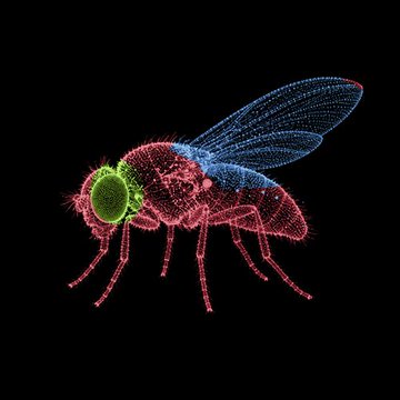 A colorful 3D wireframe rendering of a fly on a black background, with a green head and pinkish-red body and wings.