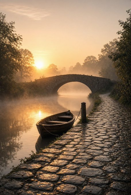 A misty sunrise scene depicts a wooden rowboat moored beside a cobblestone path on a calm river, with a stone arch bridge silhouetted against the golden morning light.
