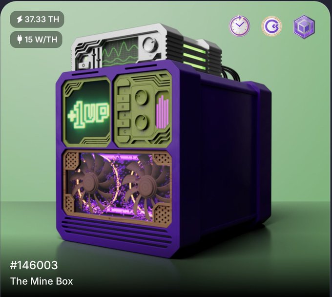 A digital illustration of a futuristic purple and green mining device labeled 'The Mine Box' (#146003), displaying 37.33 TH hashrate and 15 W/TH power efficiency.