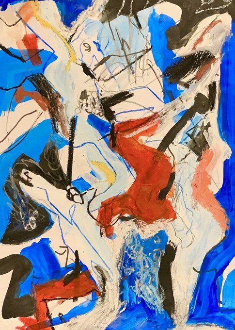 An abstract expressionist painting featuring bold strokes of blue, black, white, and red, with scribbled black lines and dynamic gestural marks across the canvas.