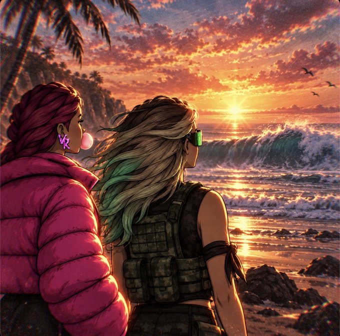 A stylized digital illustration of two female characters viewed from behind, looking out at a vibrant sunset over a tropical beach with crashing waves.