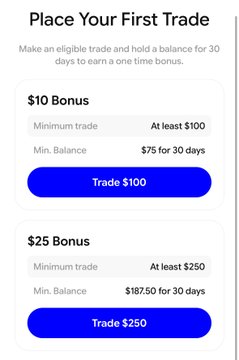 The image shows a "Place Your First Trade" promotional banner offering a $10 Bonus for trading at least $100 (requiring a $75 minimum balance for 30 days) or a $25 Bonus for trading at least $250 (requiring a $187.50 minimum balance for 30 days), with "Trade $100" and "Trade $250" buttons. It aligns with the post's description of Base's tiered first-trade promotion, where users can earn bonuses by completing qualifying swaps and maintaining the required balance for 30 days.