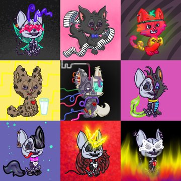 A grid of nine chibi-style cartoon animal character illustrations featuring cute creature designs in various colors and outfits against pink, yellow, purple, blue, and red backgrounds.