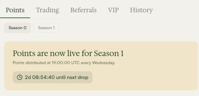 A cryptocurrency trading interface displays a Points tab with options for Trading, Referrals, VIP, and History, showing an announcement that "Points are now live for Season 1" with a countdown of "2d 08:54:40 until next drop" and a note that points are distributed at 19:00:00 UTC every Wednesday.