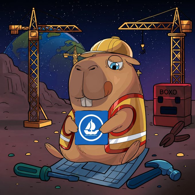 A cartoon capybara construction worker wearing a yellow hard hat and safety vest holds an OpenSea logo tile, surrounded by cranes, tools, and a red "BOXO" crate on a lunar-like surface with Earth in the background. The image relates to the post by visually promoting the OpenSea minting opportunity for the "kap" collection, reinforcing the call-to-action to check eligibility and mint.