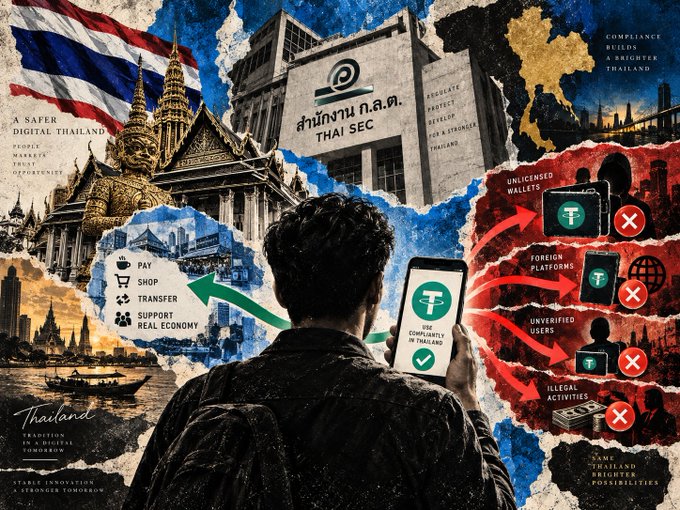 An infographic promoting "THAI SEC" cryptocurrency, featuring the Thai flag, the Thai SEC building, and a person using a phone showing a Tether (USDT) app, with comparisons between legitimate use (PAY, SHOP, TRANSFER, SUPPORT REAL ECONOMY) and risks (UNLICENSED WALLETS, FOREIGN PLATFORMS, UNVERIFIED USERS, ILLEGAL ACTIVITIES).