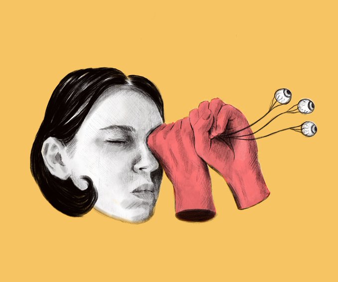 A surreal illustration showing a woman's face next to red boxing gloves, with the glove's laces transforming into eyeballs on stalks against a yellow background.