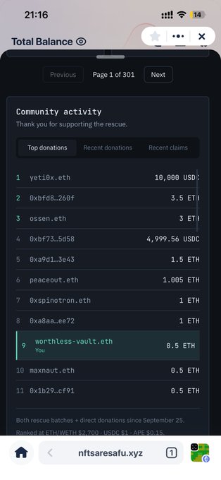A mobile app screenshot from nftsaresafu.xyz showing community activity and top donations in ETH and USDC, with the URL 'nftsaresafu.xyz' visible at the bottom.