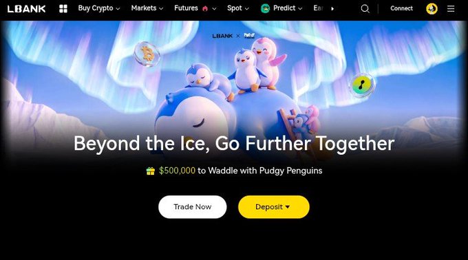 A homepage banner for the LBANK cryptocurrency exchange featuring Pudgy Penguins with the slogan 'Beyond the Ice, Go Further Together' promoting a $500,000 Pudgy Penguins event.