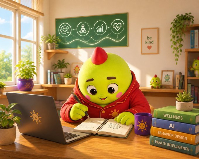 A 3D-rendered green cartoon character wearing a red hoodie, sitting at a desk with a laptop and notebook, surrounded by books labeled 'WELLNESS', 'AI', 'BEHAVIOR DESIGN', and 'HEALTH INTELLIGENCE'.