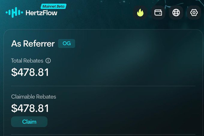A HertzFlow Mainnet Beta dashboard screenshot showing referral earnings with Total Rebates and Claimable Rebates both at $478.81, with a green 'Claim' button visible.