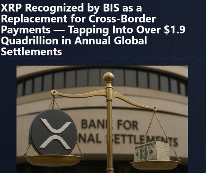 The image shows a balance scale with two gold coins placed on either side of a sign that reads "BANK FOR INTERNATIONAL SETTLEMENTS". The sign also mentions that XRP could play a major role in the future of cross-border payments, and there is a possibility that it might replace traditional payment methods. This suggests that the balance scale may be used to weigh or measure the value of these digital currency transactions.