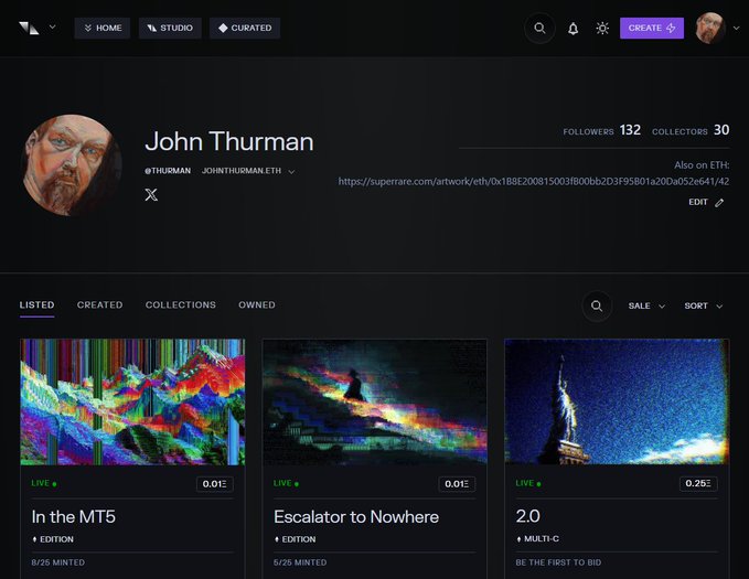 A SuperRare NFT profile page for John Thurman (@THURMAN, johnthurman.eth) showing 132 followers and 30 collectors, with listed artworks including 'In the MT5', 'Escalator to Nowhere', and '2.0'.