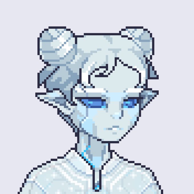 Pixel art portrait of a pale blue-skinned humanoid with two buns on the sides of the head, blue eyes, pointed ears, and a glowing blue necklace.