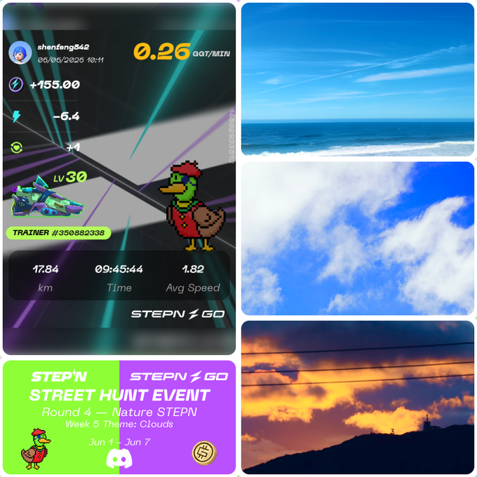 The image features a collage of four photos, each depicting different aspects of nature or outdoor activities. The first photo shows a bird flying over a body of water with clouds in the background. The second photo depicts a bird standing near the ocean's edge. The third photo captures a bird on top of a mountain overlooking the ocean. The fourth photo features a bird sitting on a cliff, overlooking the ocean and mountains below.

The post includes text that reads "Street Hunt #stepn: G111FEHKSiwc" and "StepN: 0.56". This suggests that the collage is related to a Street Hunt event or activity where participants are encouraged to capture photos of nature or outdoor scenes, such as birds in various settings like water bodies, mountains, or cliffs. The post also mentions that there's an upcoming event on Saturday, July 7th at 10:30 am.