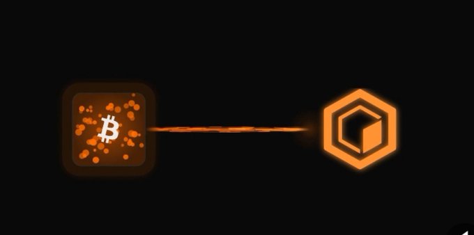 Dark themed digital artwork depicting a Bitcoin logo icon connected by an orange streak to a hexagonal logo on a black background.
