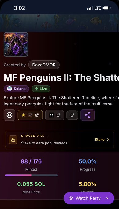 A mobile app screenshot for 'MF Penguins II: The Shattered Timeline' NFT project on Solana, showing 88/176 minted at 0.055 SOL, created by DaveDMOR, with a 'Watch Party' button.