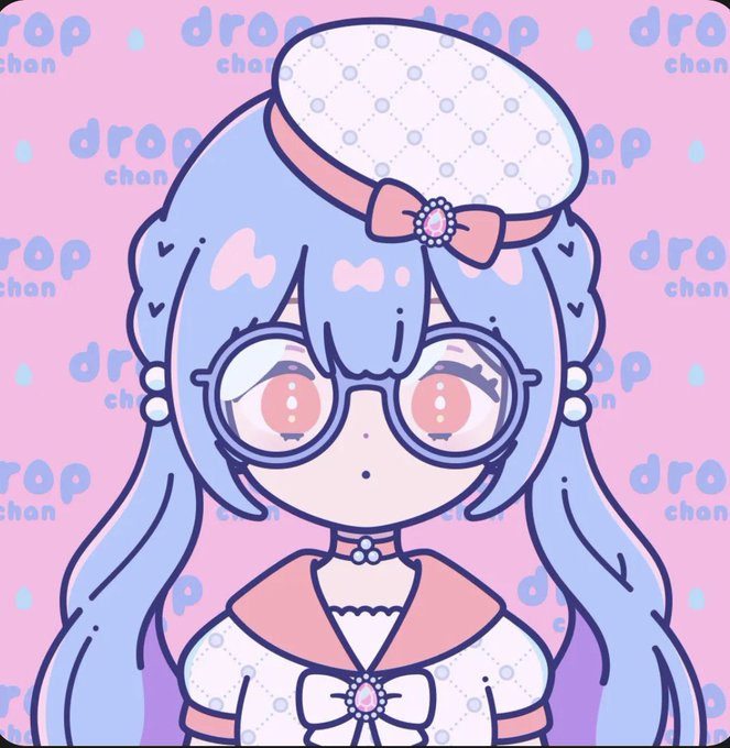 An anime-style illustration of a character with blue hair, glasses, and a white beret, set against a pink background patterned with 'drop chan' text.