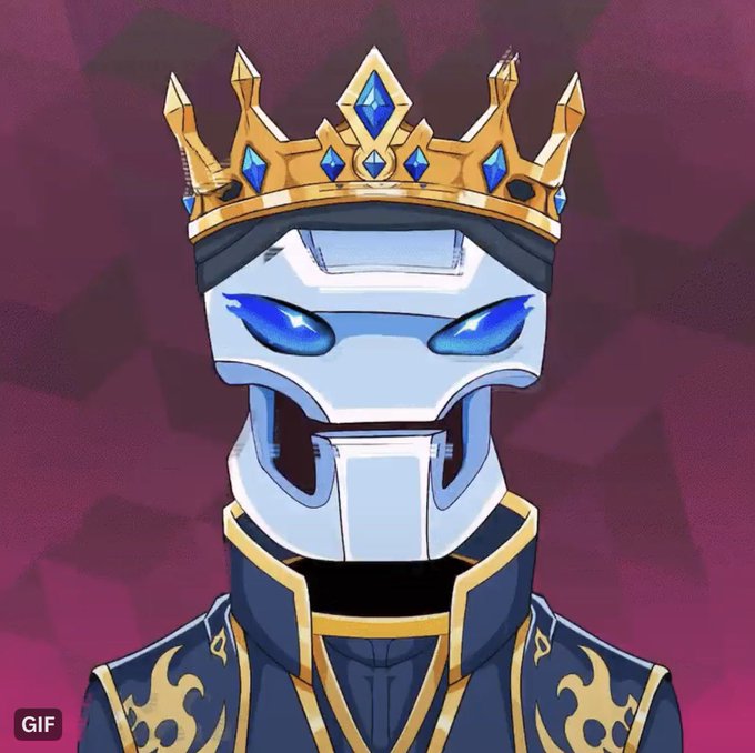 An animated illustration of a robotic figure wearing a golden crown with blue jewels, featuring glowing blue eyes and ornate dark blue and gold robes, set against a purple checkered background.
