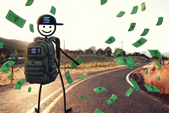 A cartoon stick figure wearing a green tactical backpack stands on a road surrounded by floating green dollar bills with stick figure icons on them.