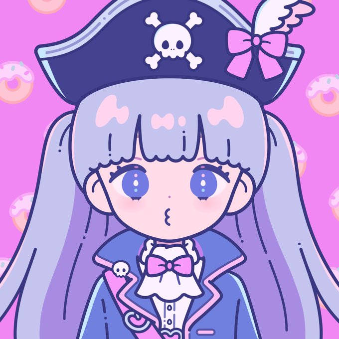 A cute anime girl with light purple hair and blue eyes wears a pirate hat with a skull and crossbones and a pink bow, along with a blue coat and white ruffled collar, set against a pink background with floating donuts.