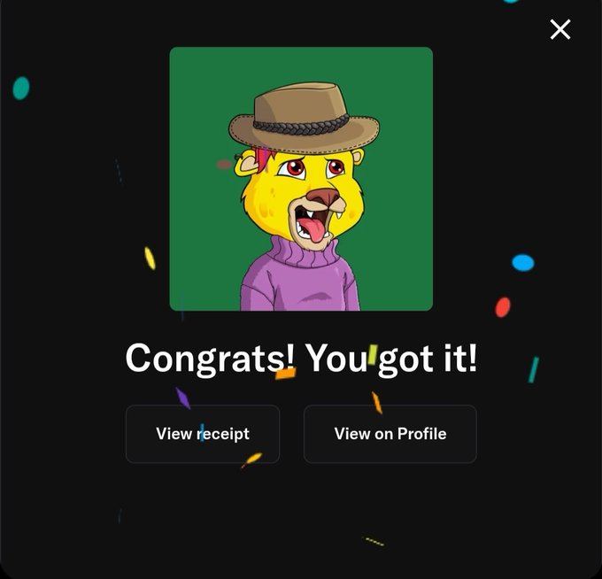 A celebratory popup with confetti reads "Congrats! You got it!" featuring a cartoon NFT portrait of a yellow lion cub wearing a purple turtleneck and a brown hat, corresponding to the Lazy Lion Cub #15670 mentioned in the caption. Two buttons appear below offering options to "View receipt" or "View on Profile."